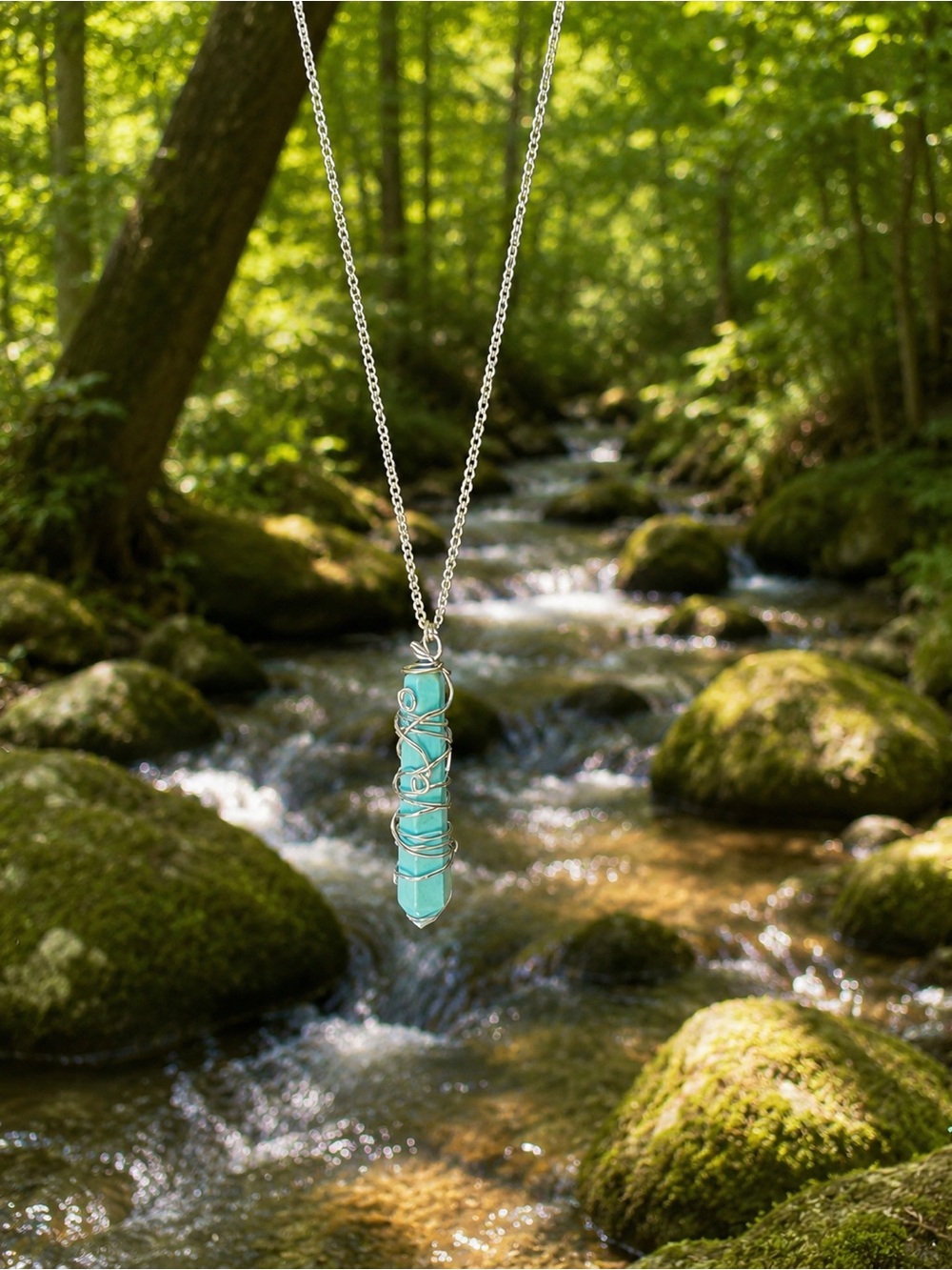 Turquoise Crystal Pendant Necklace in Aqua with Silver Wire Wrap